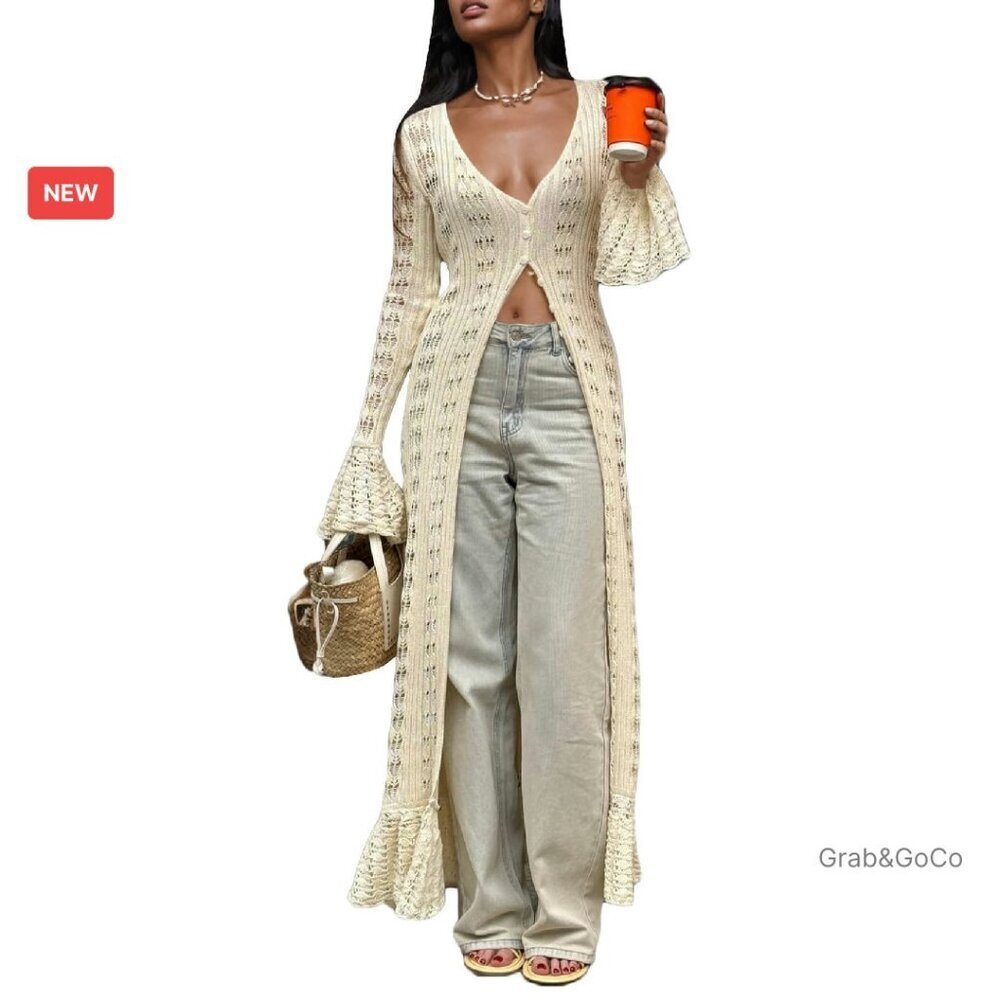 Crochet Hollow Out Maxi Cardigan Boho Y2K Elegant Button Down Cover Up